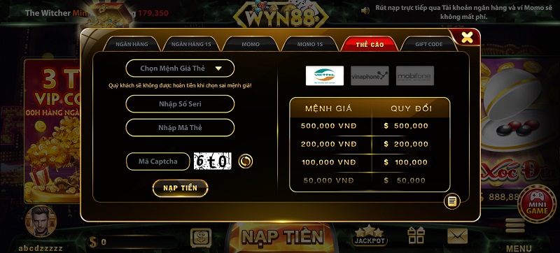 Nạp tiền thật chuyển thành tiền ảo tại cổng game Wyn88 Vin